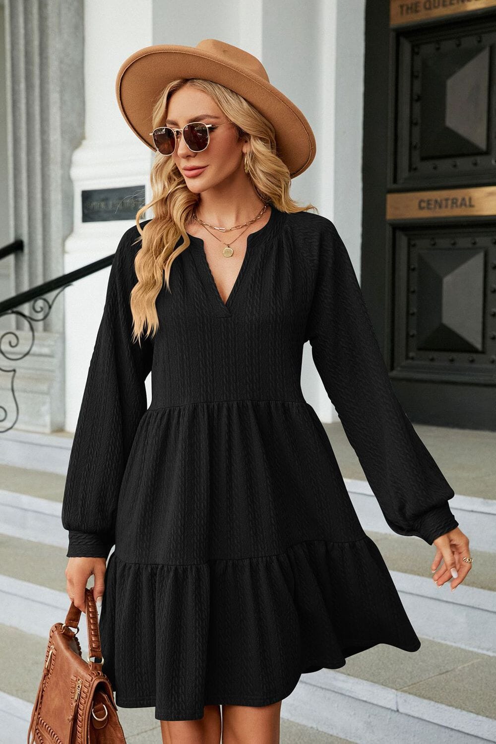 Notched Neck Long Sleeve Mini Dress - Sydney So Sweet