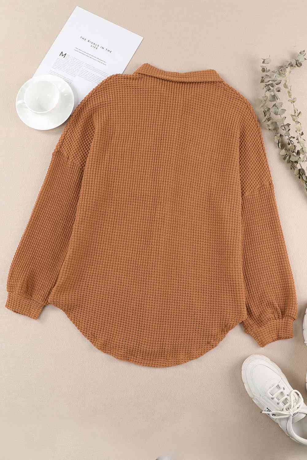 Waffle-Knit Button Up Long Sleeve Shirt with Pocket - Sydney So Sweet