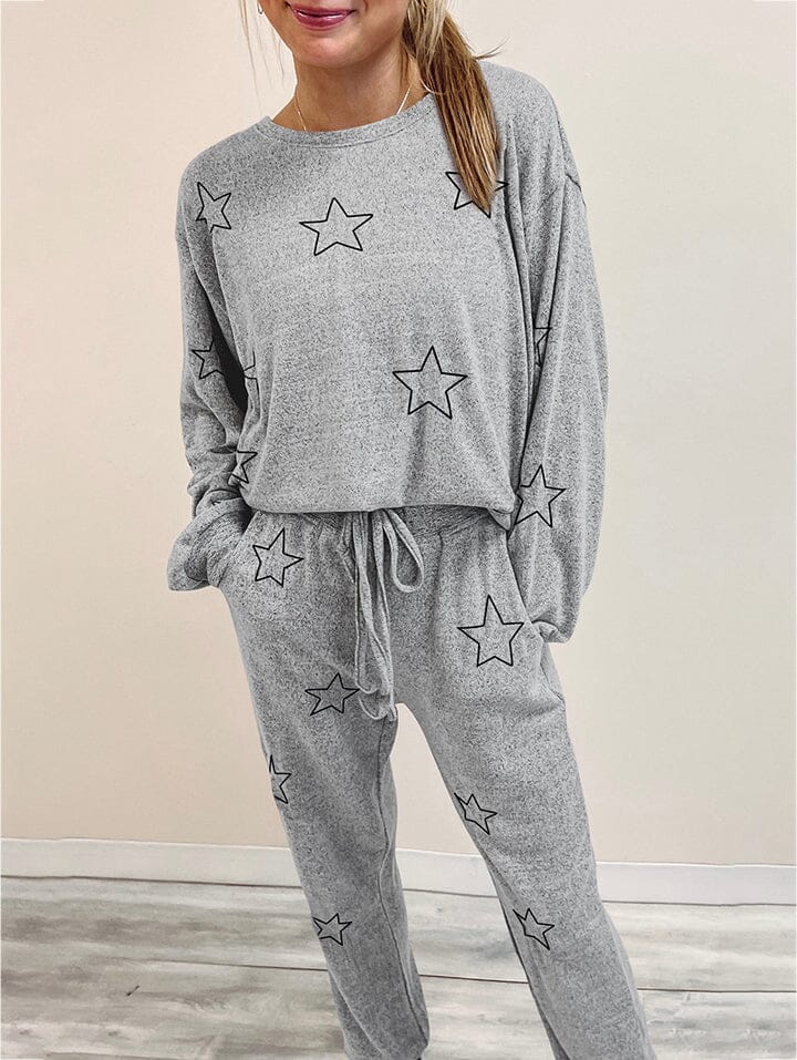 Star Print Long Sleeve Top and Pants Lounge Set - Sydney So Sweet