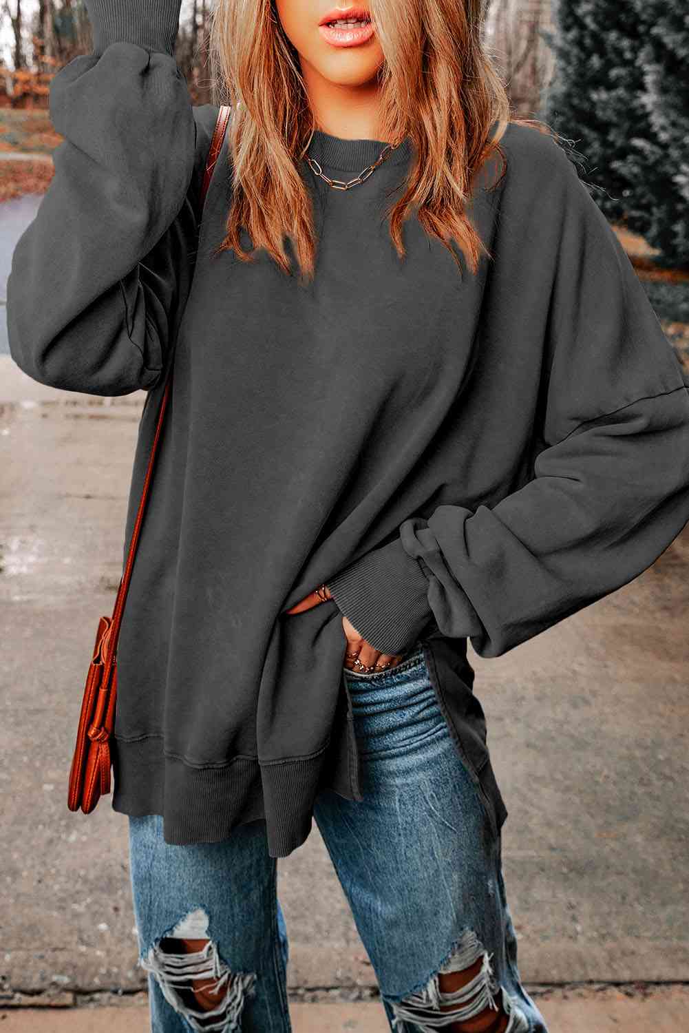 Dropped Shoulder Round Neck Long Sleeve Top - Sydney So Sweet