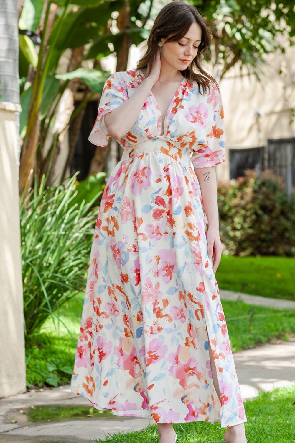 Floral Deep V Slit Maxi Dress - Sydney So Sweet