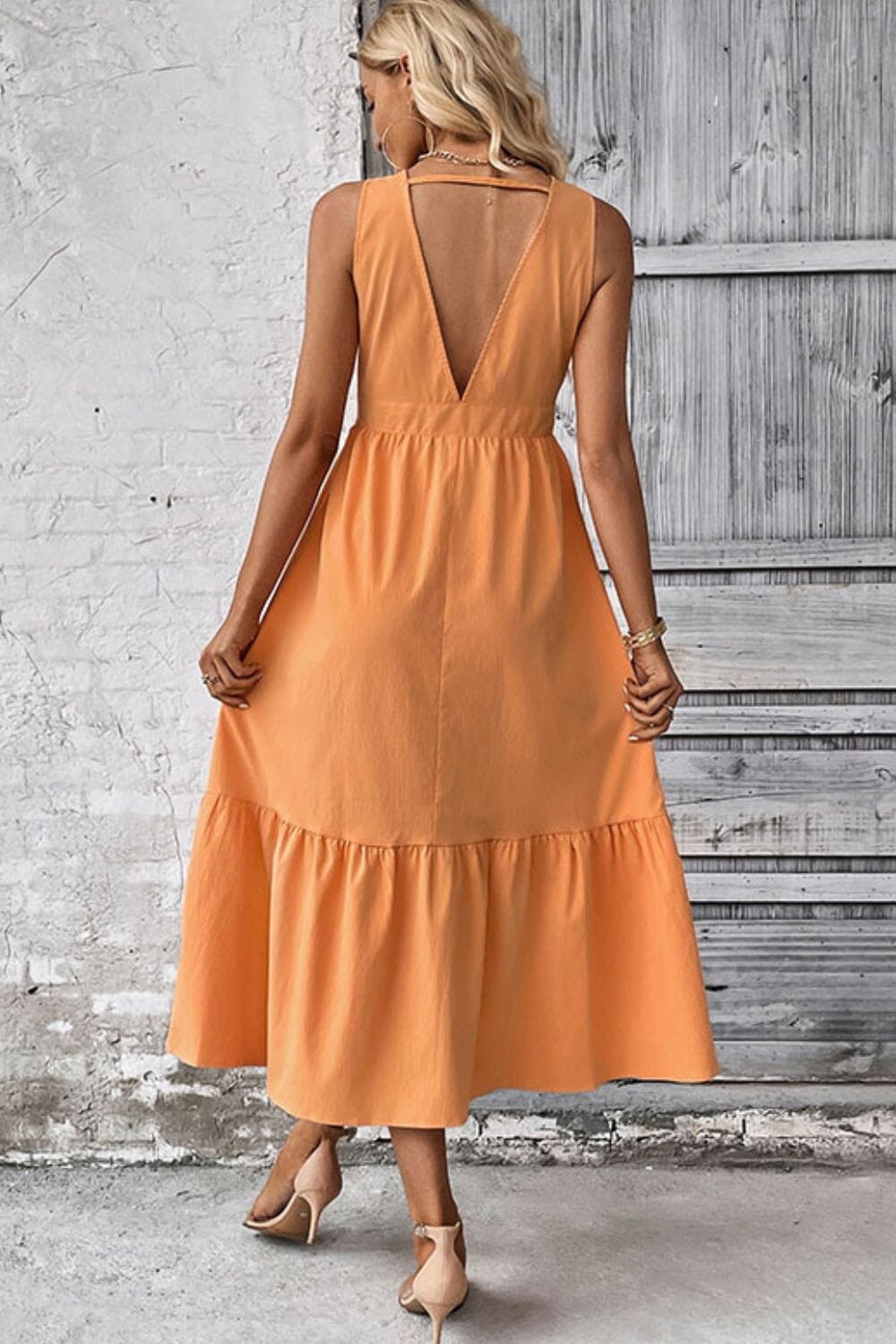 V-Neck Open Back Decorative Button Dress - Sydney So Sweet