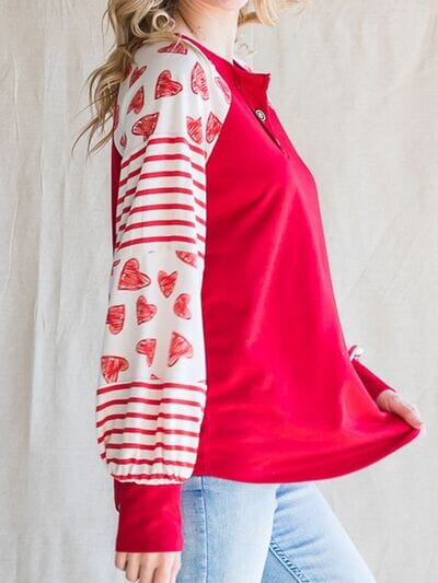 Heart Striped Quarter Button Long Sleeve T-Shirt - Sydney So Sweet