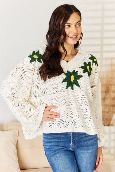 POL Floral Embroidered Pattern V-Neck Sweater - Sydney So Sweet