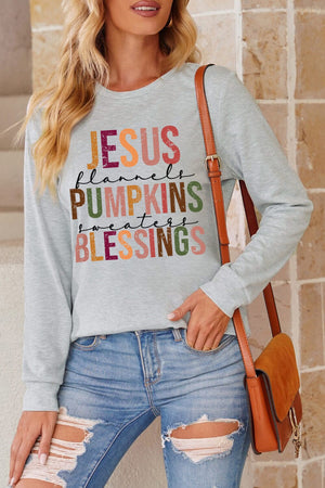 Jesus, Pumpkins, and Blessings Fall Graphic Long Sleeve Tee - Sydney So Sweet