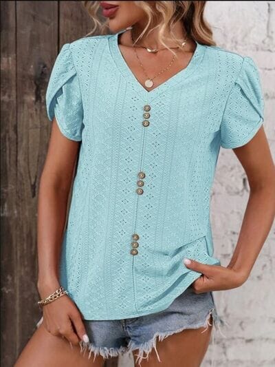 Eyelet V-Neck Petal Sleeve T-Shirt - Sydney So Sweet