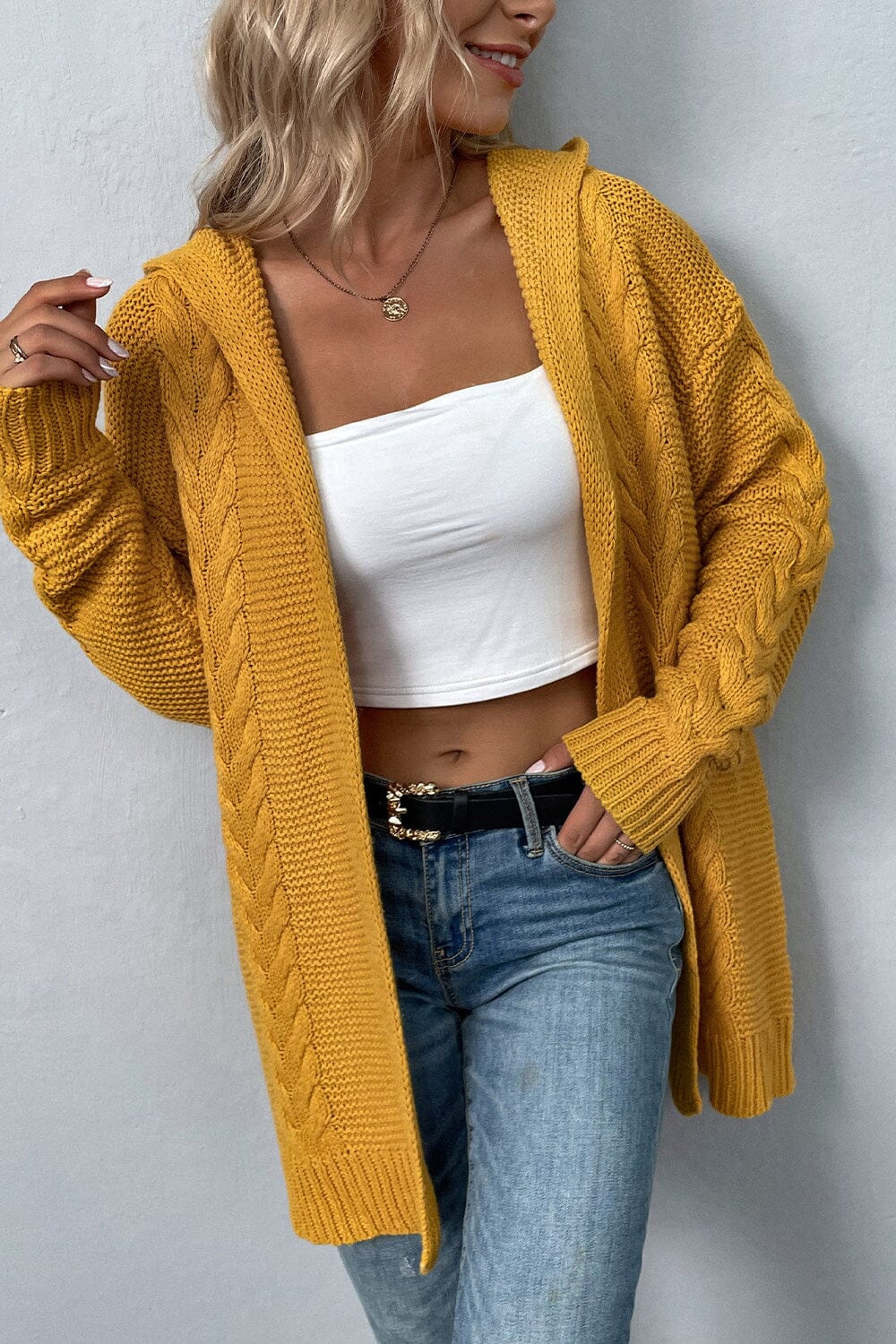 Cable-Knit Dropped Shoulder Hooded Cardigan - Sydney So Sweet