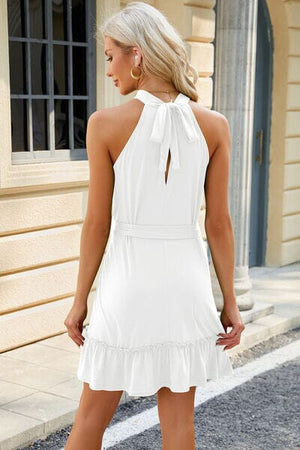Ruched Grecian Neck Tie Waist Mini Dress - Sydney So Sweet