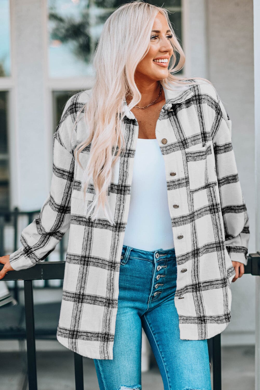 Plaid Curved Hem Dropped Shoulder Longline Shirt Jacket - Sydney So Sweet