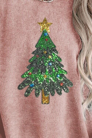 Sequin Christmas Tree Ribbed Drop Shoulder Sweatshirt - Sydney So Sweet