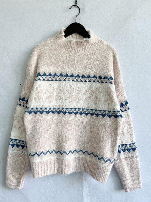 Geometric Mock Neck Dropped Shoulder Sweater - Sydney So Sweet