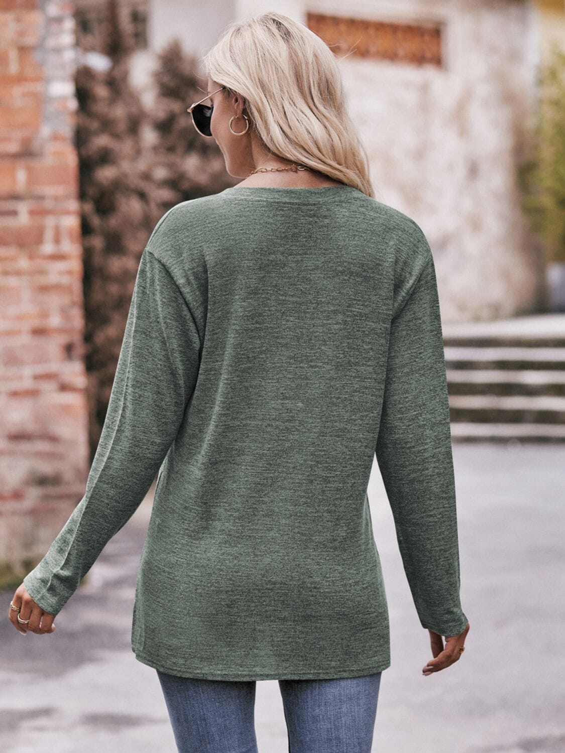 Buttoned Notched Neck Long Sleeve Top - Sydney So Sweet