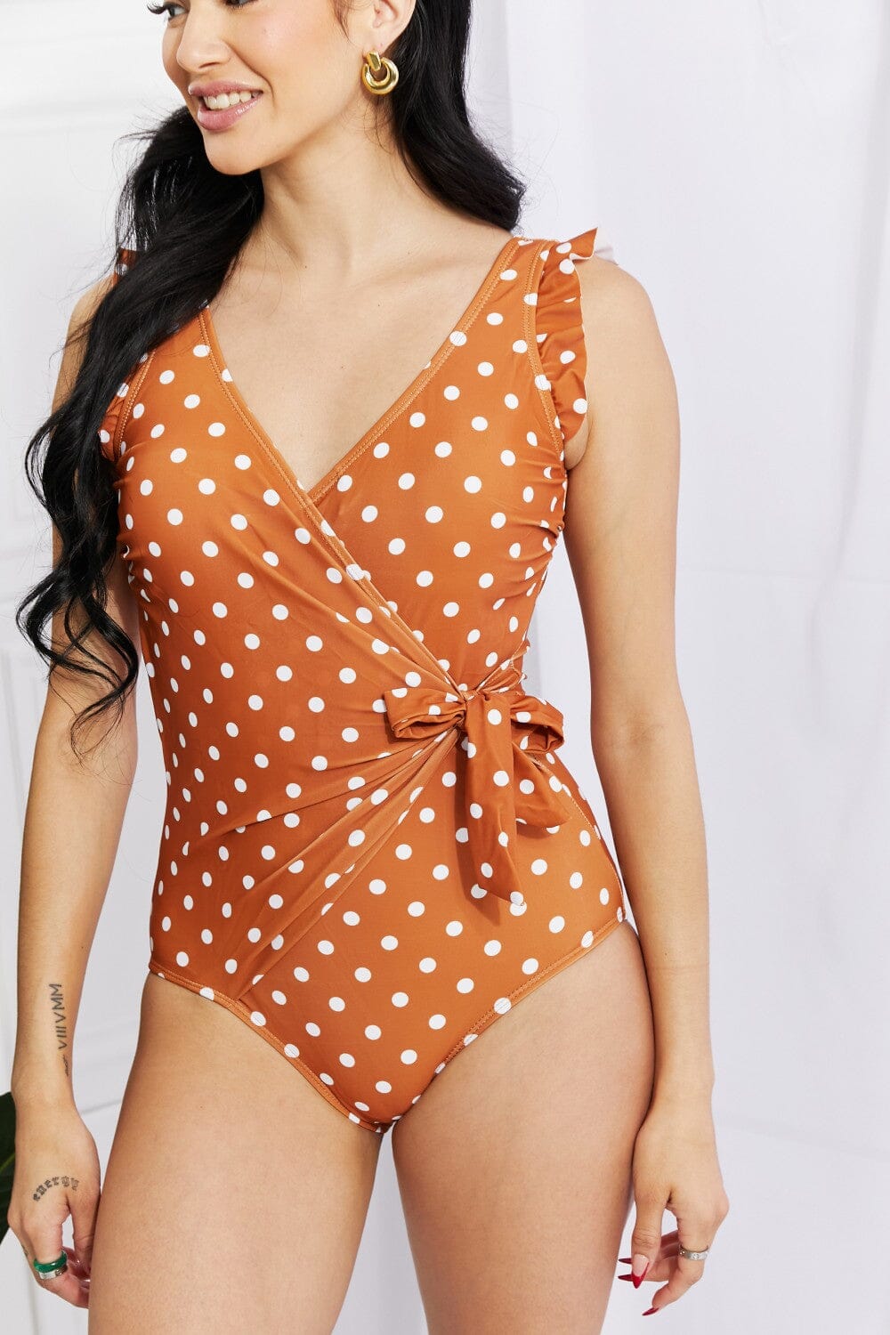 Marina West Swim Full Size Float On Ruffle Faux Wrap One-Piece in Terracotta - Sydney So Sweet