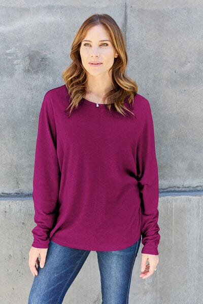 Double Take Full Size Round Neck Long Sleeve Top - Sydney So Sweet