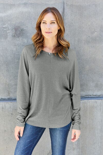 Double Take Full Size Round Neck Long Sleeve Top - Sydney So Sweet