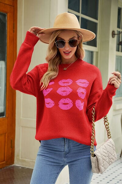 Contrast Lip Pattern Round Neck Slit Sweater - Sydney So Sweet