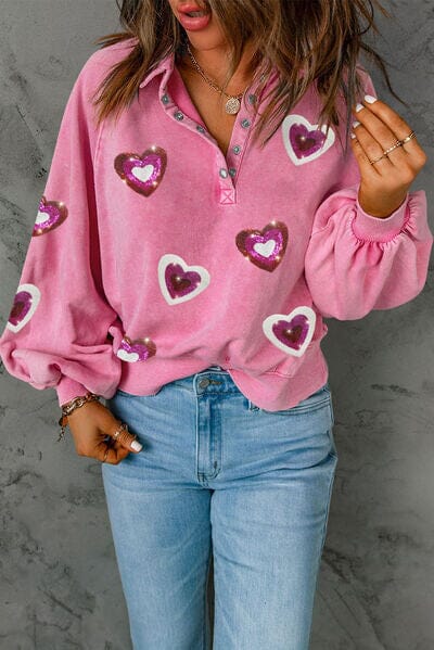 Heart Sequin Half Snap Collared Neck Sweatshirt - Sydney So Sweet