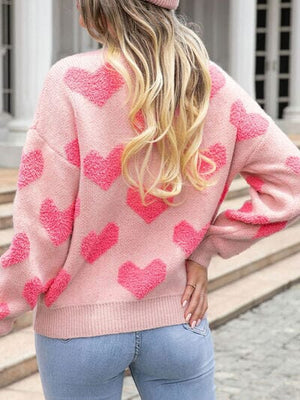 Heart Round Neck Dropped Shoulder Sweater - Sydney So Sweet