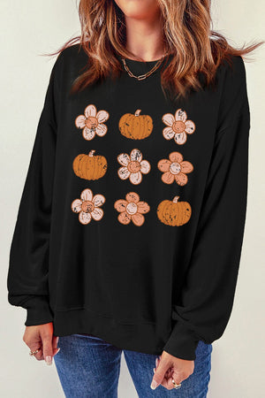Round Neck Long Sleeve Pumpkin & Flower Graphic Sweatshirt - Sydney So Sweet
