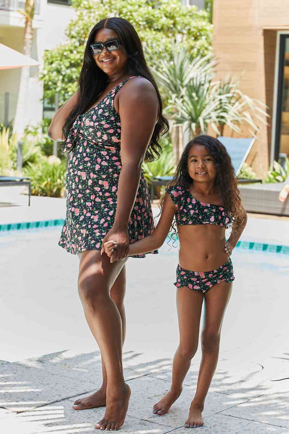 Clear Waters Two-Piece Girls Swim Set in Black Roses - Sydney So Sweet