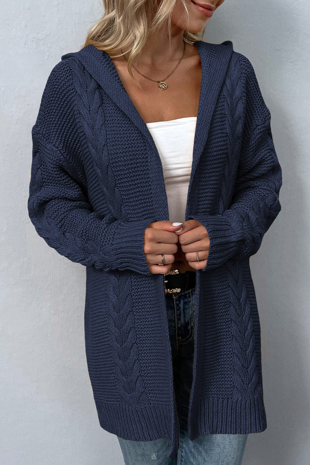 Cable-Knit Dropped Shoulder Hooded Cardigan - Sydney So Sweet