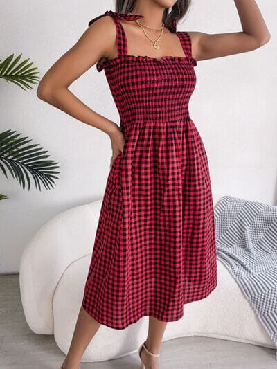 Frill Plaid Square Neck Midi Dress - Sydney So Sweet