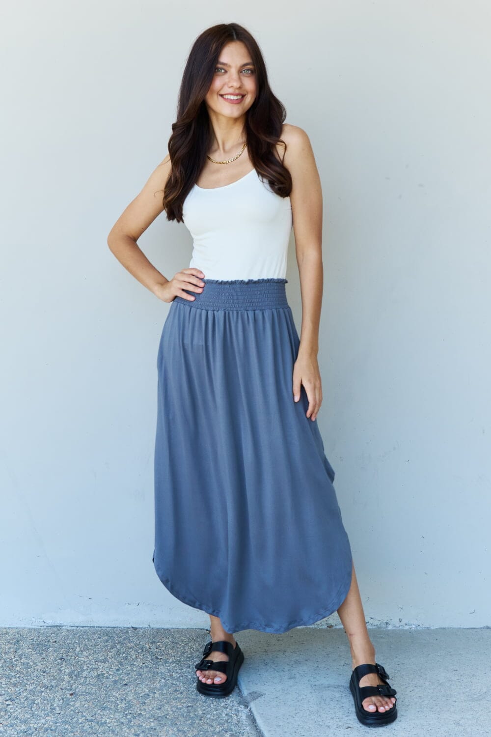 Full Size High Waist Scoop Hem Maxi Skirt in Dusty Blue - Sydney So Sweet