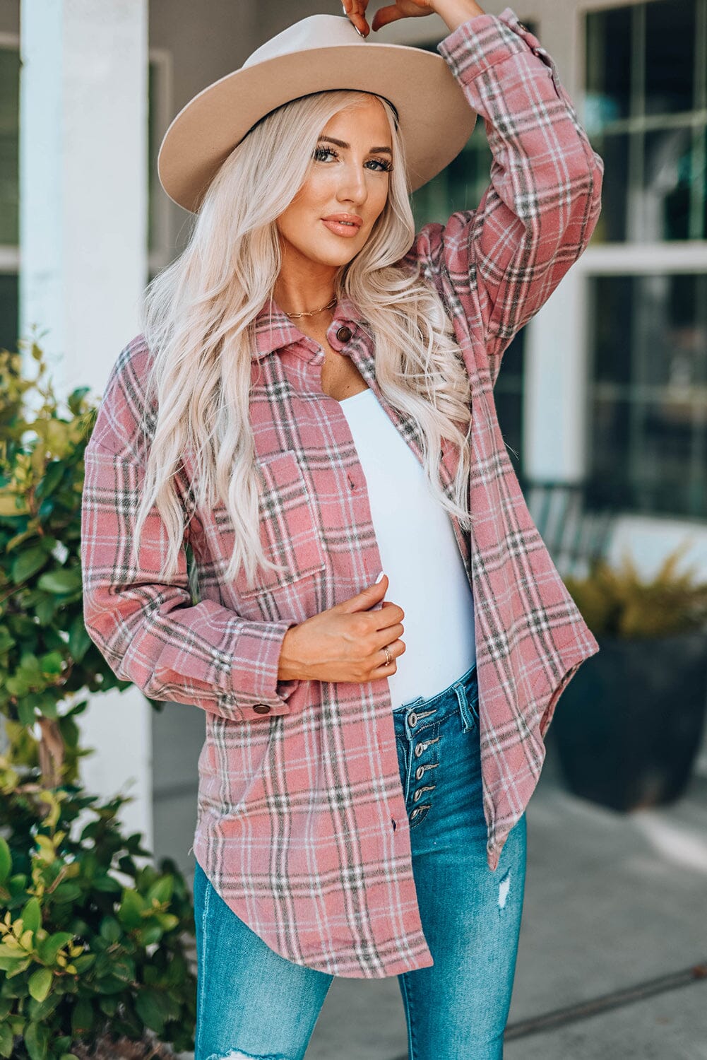 Plaid Curved Hem Dropped Shoulder Longline Shirt Jacket - Sydney So Sweet