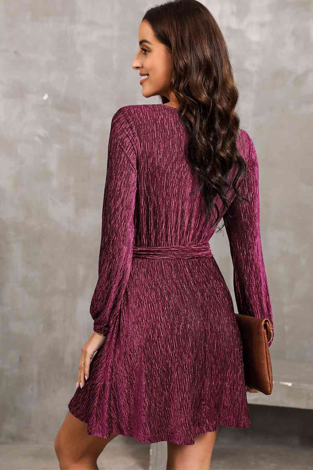 Round Neck Tie Front Long Sleeve Dress - Sydney So Sweet