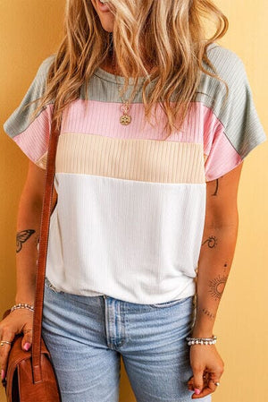 Color Block Round Neck Short Sleeve T-Shirt - Sydney So Sweet