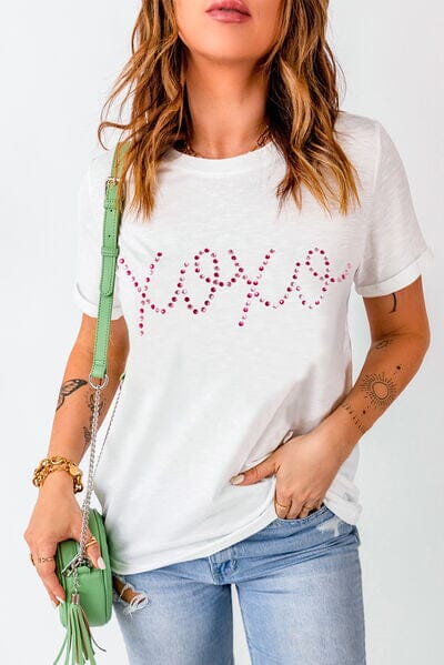 XOXO Rhinestone Round Neck Short Sleeve T-Shirt White / S