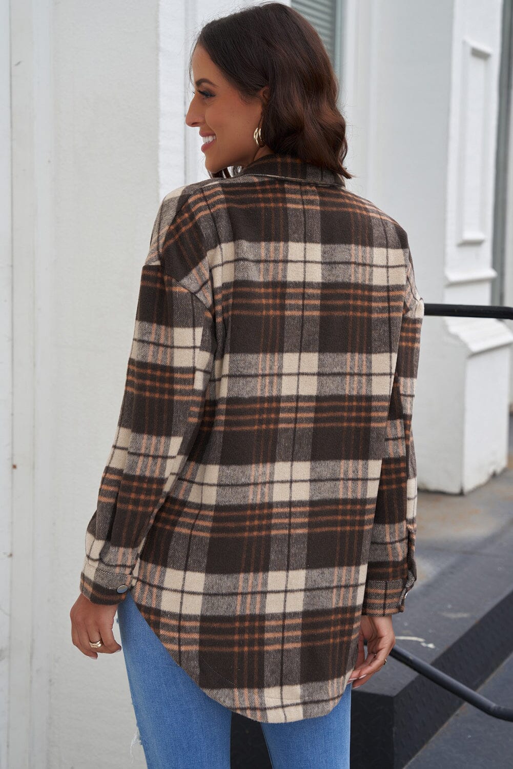 Plaid Curved Hem Dropped Shoulder Longline Shirt Jacket - Sydney So Sweet