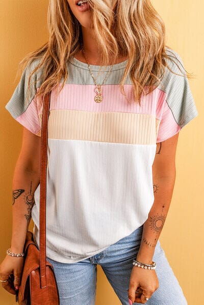 Color Block Round Neck Short Sleeve T-Shirt - Sydney So Sweet