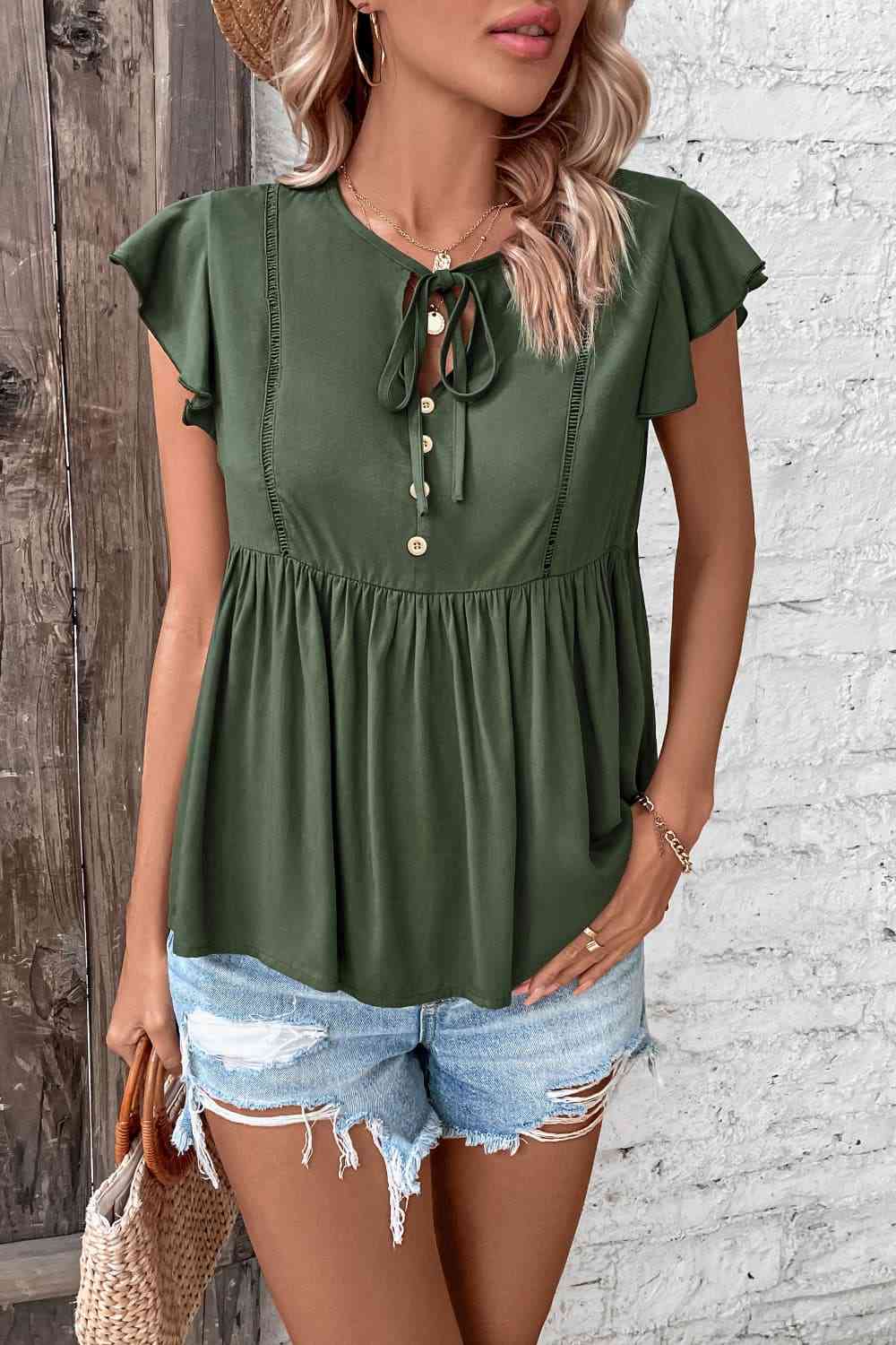 Buttoned Tie Neck Flutter Sleeve Babydoll Top - Sydney So Sweet