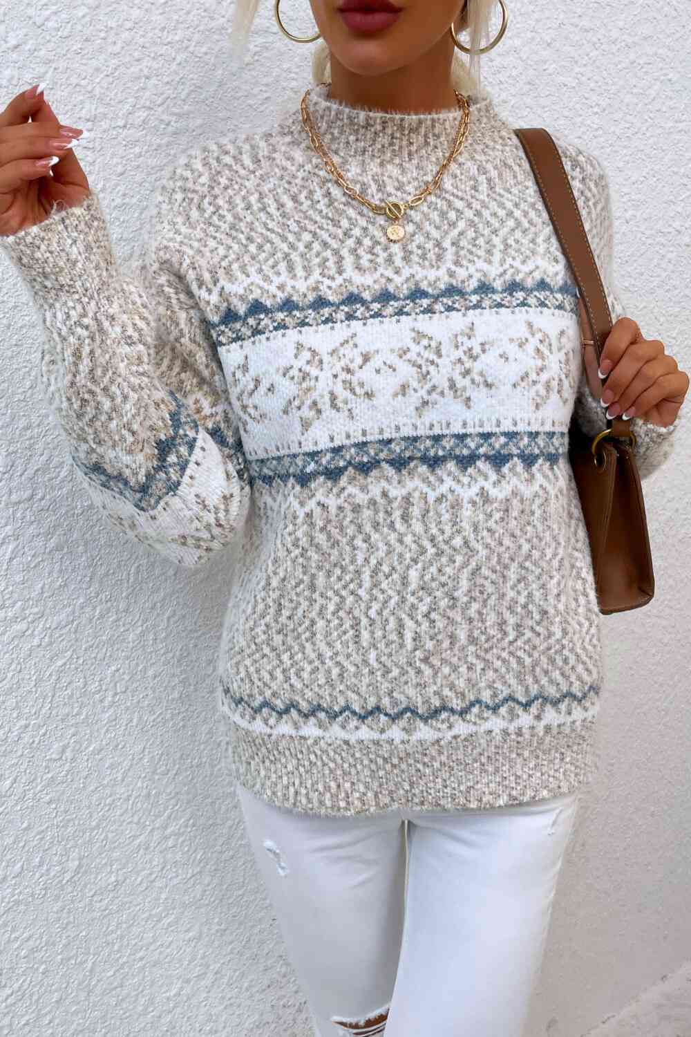 Snowflake Pattern Mock Neck Sweater - Sydney So Sweet