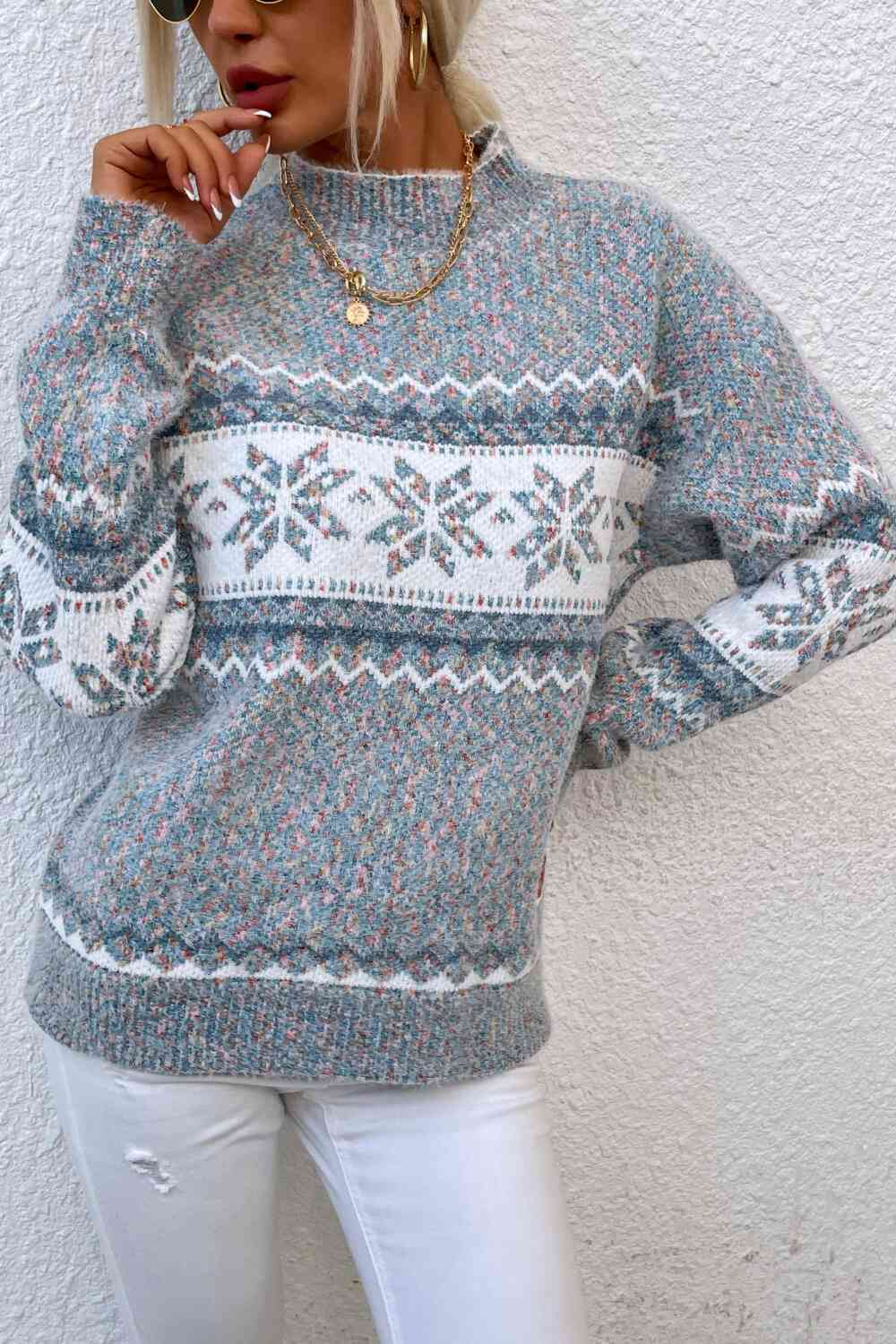 Snowflake Pattern Mock Neck Sweater - Sydney So Sweet