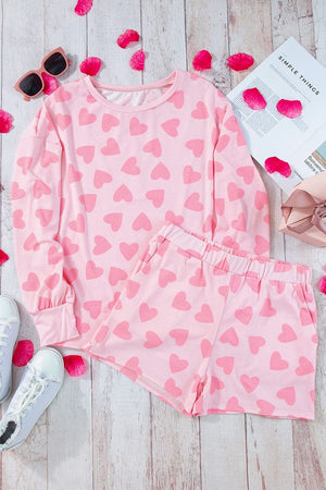 Heart Print Round Neck Top and Shorts Lounge Set - Sydney So Sweet
