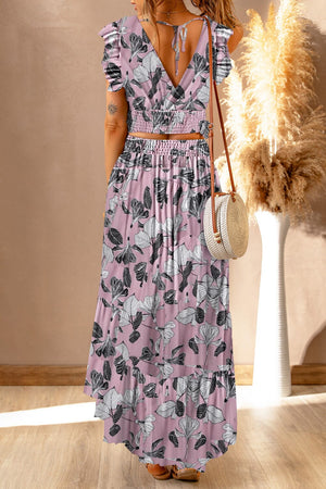 Printed Tie Back Cropped Top and Maxi Skirt Set - Sydney So Sweet
