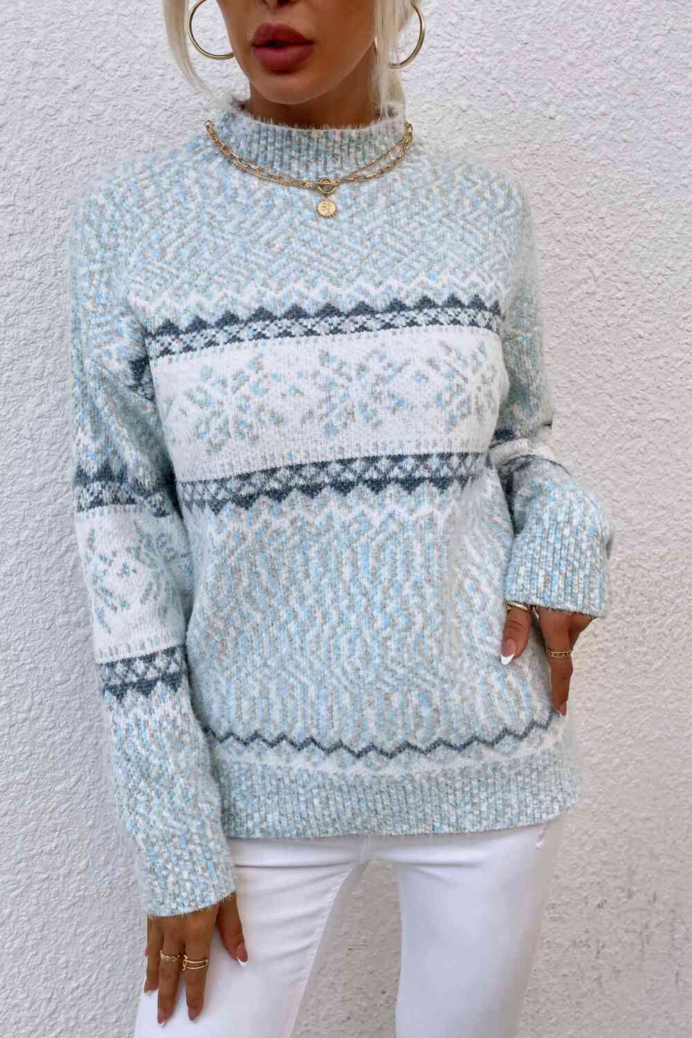 Snowflake Pattern Mock Neck Sweater - Sydney So Sweet