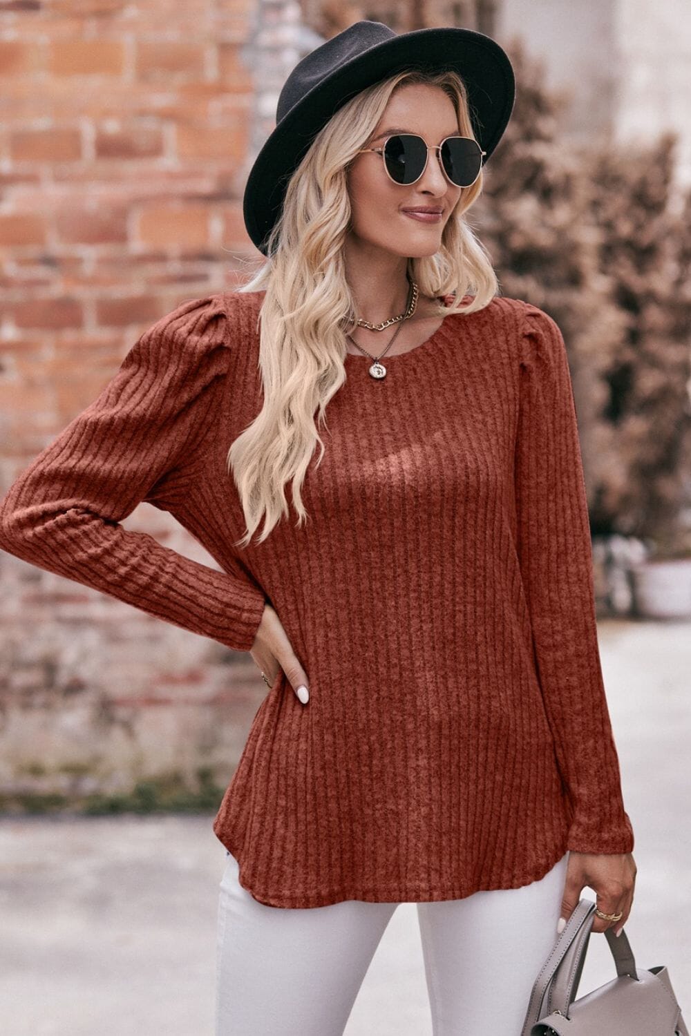 Round Neck Puff Sleeve Ribbed Top - Sydney So Sweet