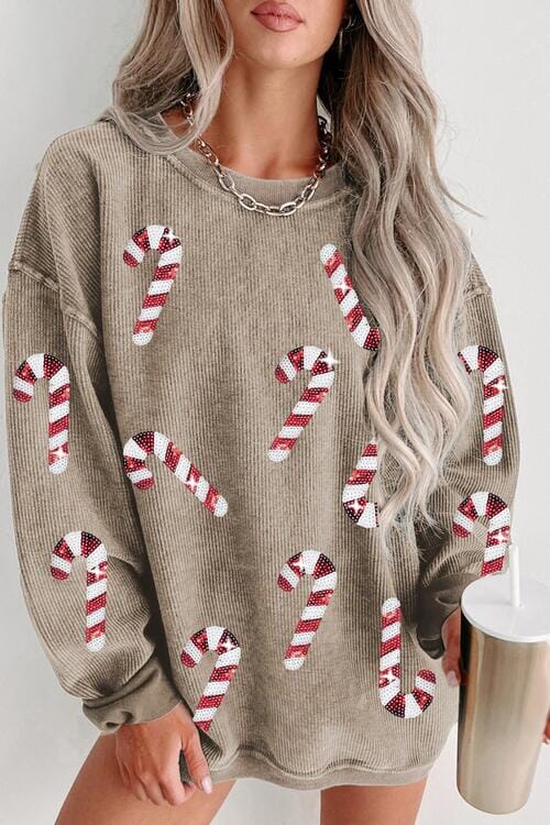 Sequin Candy Cane Round Neck Sweatshirt - Sydney So Sweet