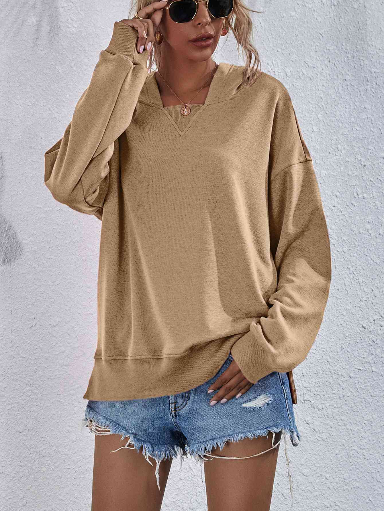 Dropped Shoulder Slit Hoodie - Sydney So Sweet