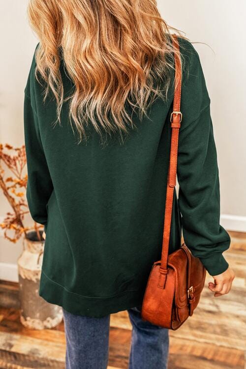 Round Neck Drop Shoulder Slit Sweatshirt - Sydney So Sweet