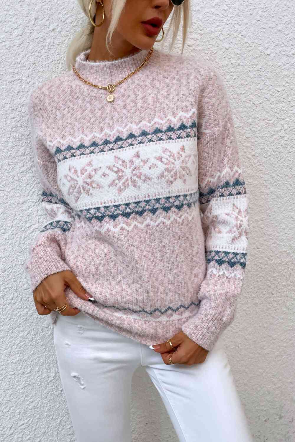 Snowflake Pattern Mock Neck Sweater - Sydney So Sweet