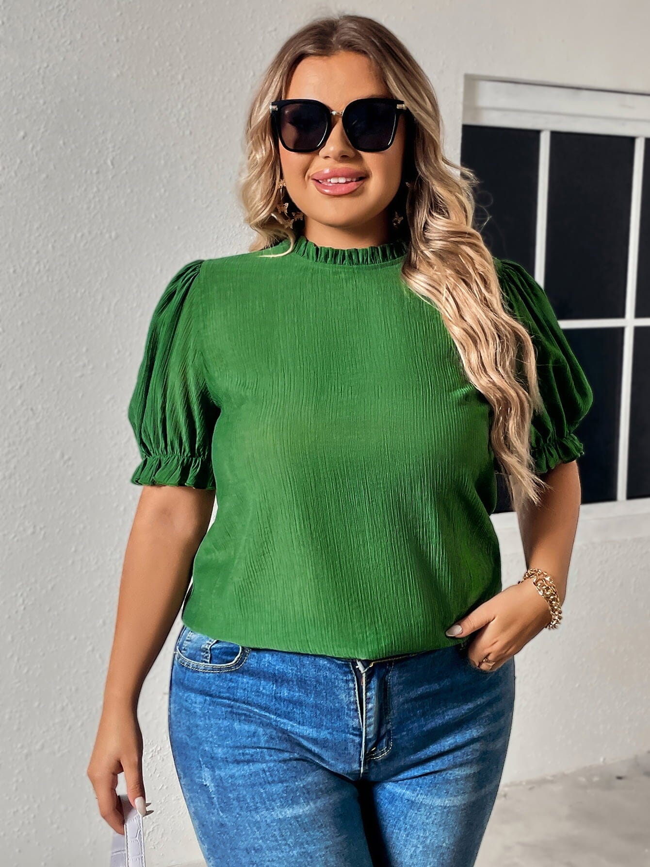 Plus Size Round Neck Flounce Sleeve Blouse - Sydney So Sweet