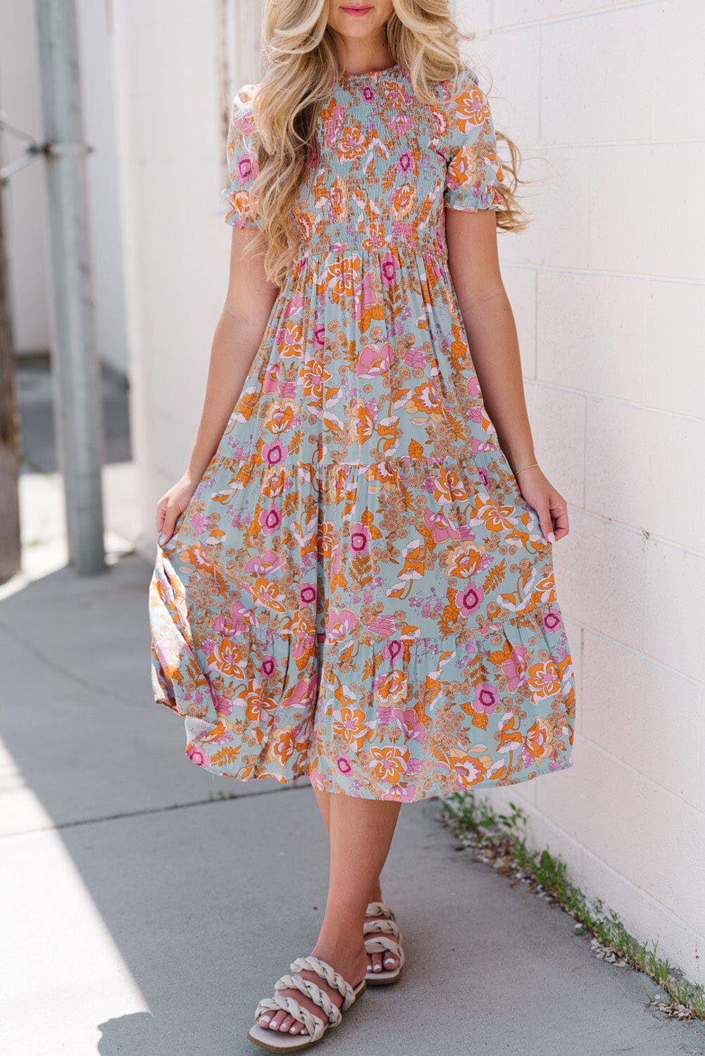 Floral Flounce Sleeve Round Neck Midi Dress - Sydney So Sweet