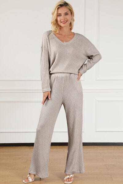 Ribbed V-Neck Top and Pocketed Pants Lounge Set - Sydney So Sweet