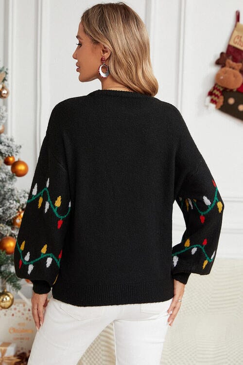 Round Neck Pattern Lantern Sleeve Sweater - Sydney So Sweet