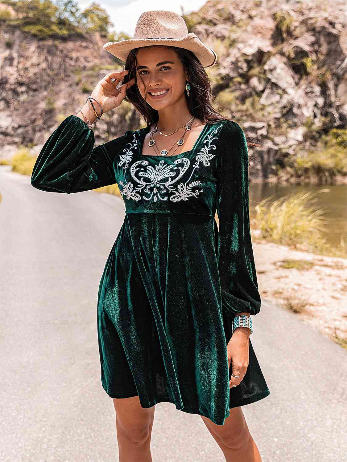 Embroidered Square Neck Long Sleeve Dress - Sydney So Sweet