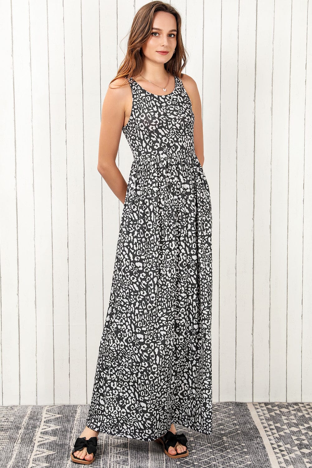 Leopard Round Neck Sleeveless Maxi Dress - Sydney So Sweet